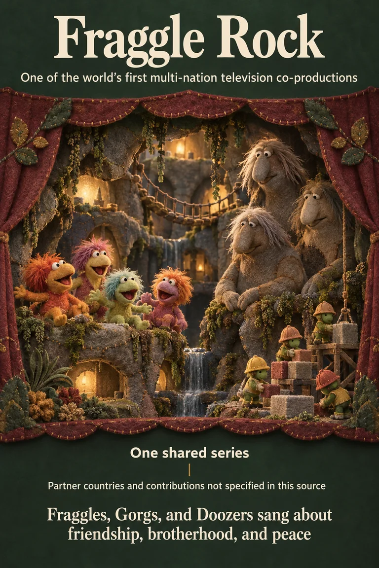 An original editorial reconstruction of a handmade puppet stage, paired with a separate layout showing Fraggle Rock as one shared series and noting that this source does not specify partner countries or their contributions. The source describes the series as one of the world’s first multi-nation television co-productions and says its characters sang about friendship, brotherhood, and peace.