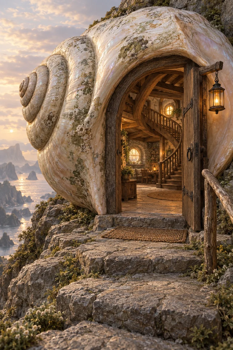 A human-sized doorway opens into a spacious spiral room inside an enormous shell-house; a worn stone threshold and wooden handrail invite visitors in.