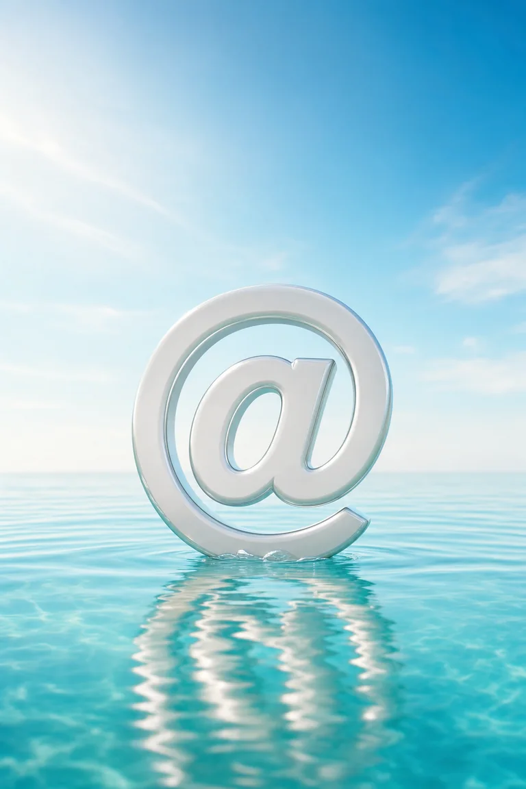 An at-sign rises from water as a symbol of connection A vertically composed pale chrome and aqua geometric at-sign, partly emerging from clear water against a subordinate blue sky, with soft highlights, subtle bevels, and a clean late-2000s CGI finish.