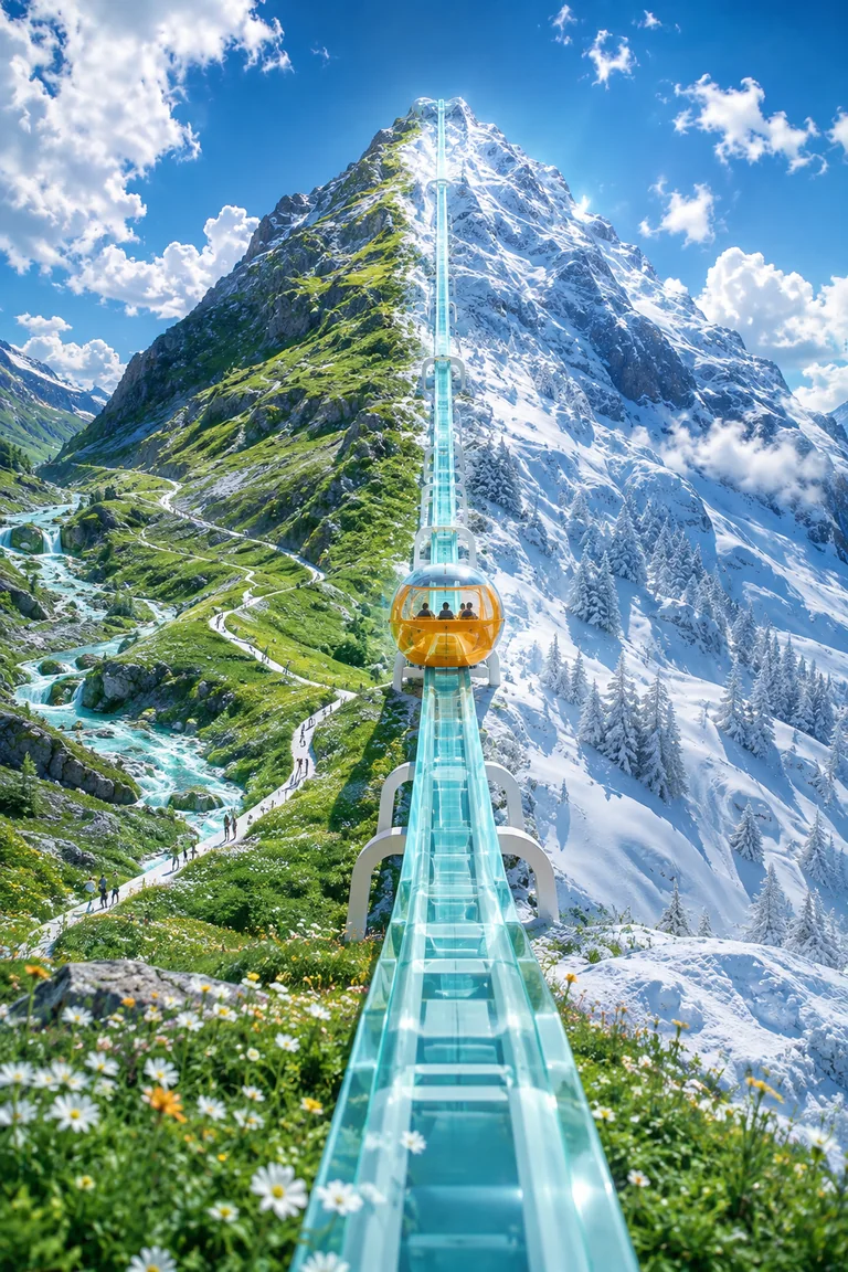 The Mountain Is a Timeline A translucent aqua rail climbs a mountain divided between flowered green summer and snowy winter, with an orange gondola positioned at the transition.