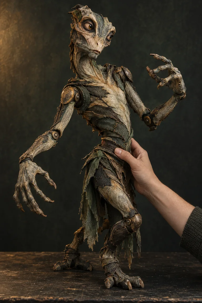 Original editorial reconstruction of a constructed fantasy creature, shown in articulated motion with visible material transitions and a supporting hand guiding its movement; it is not a specific character or documented film artifact.