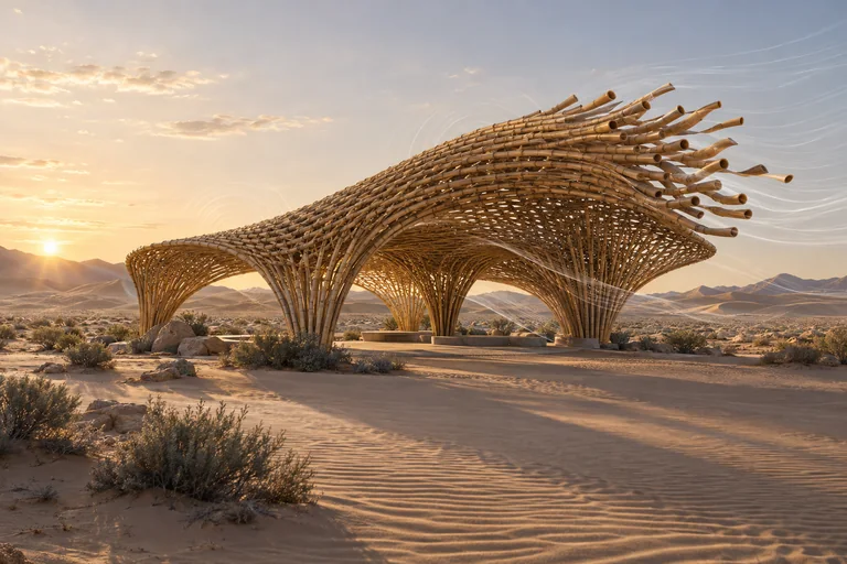 Architectural rendering of a desert research pavilion formed from thousands of woven bamboo resonators, some twisting open in the wind to suggest airflow and acoustic harmony.