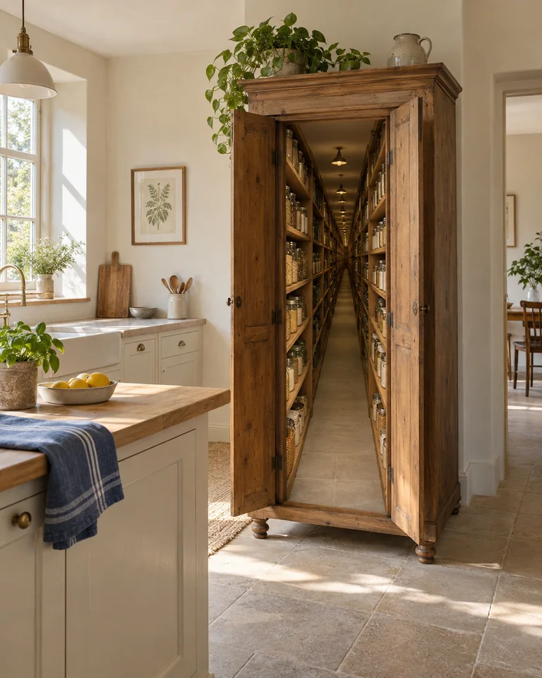A shallow freestanding kitchen cupboard. Its interior is much deeper than its exterior. Original AI-generated architectural fiction.