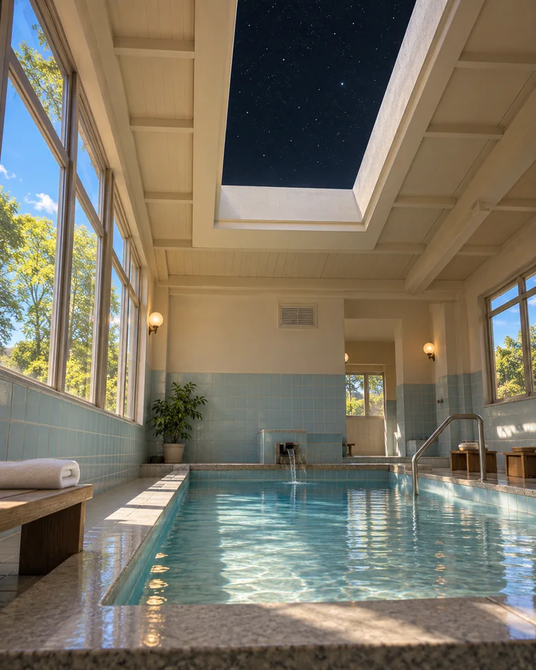 A small municipal bathhouse with windows and a skylight. The skylight opens onto midnight while the windows open onto noon. Original AI-generated architectural fiction.