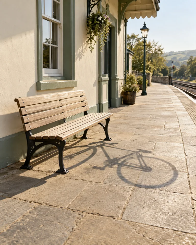 An empty bench on a sunlit small railway platform. The bench casts the shadow of a bicycle instead of its own. Original AI-generated architectural fiction.