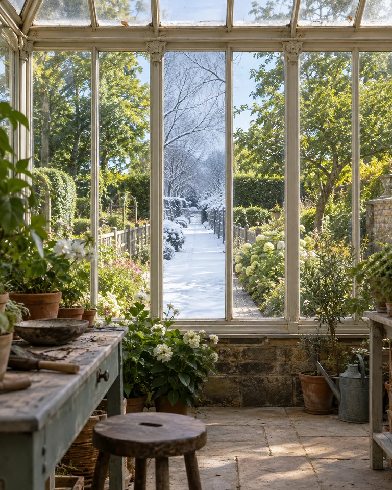 A greenhouse overlooking one continuous garden. One clear pane shows winter while the surrounding panes show summer. Original AI-generated architectural fiction.