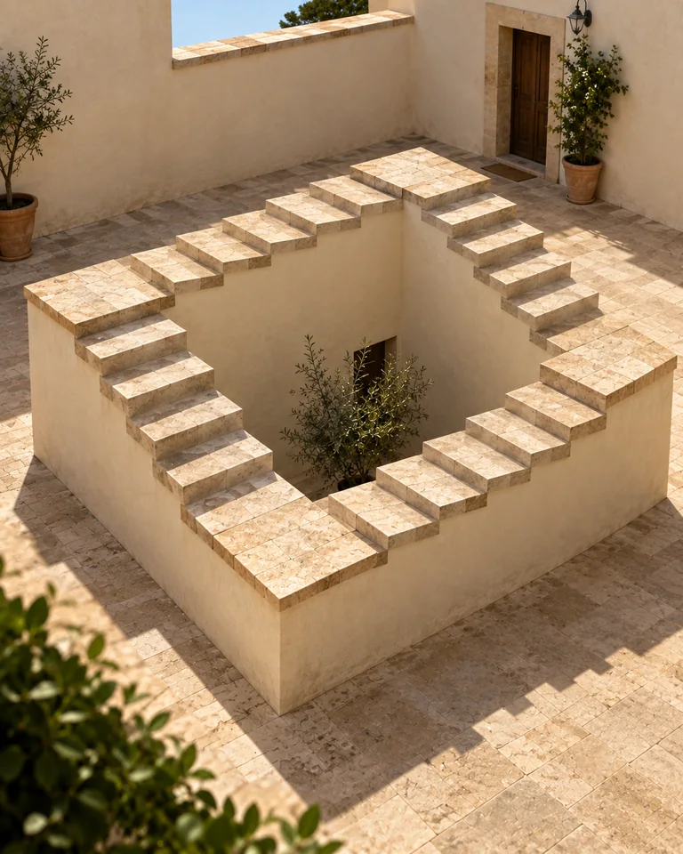 A small courtyard stair around a square lightwell. The stair rises continuously yet returns to its starting landing. Original AI-generated architectural fiction.