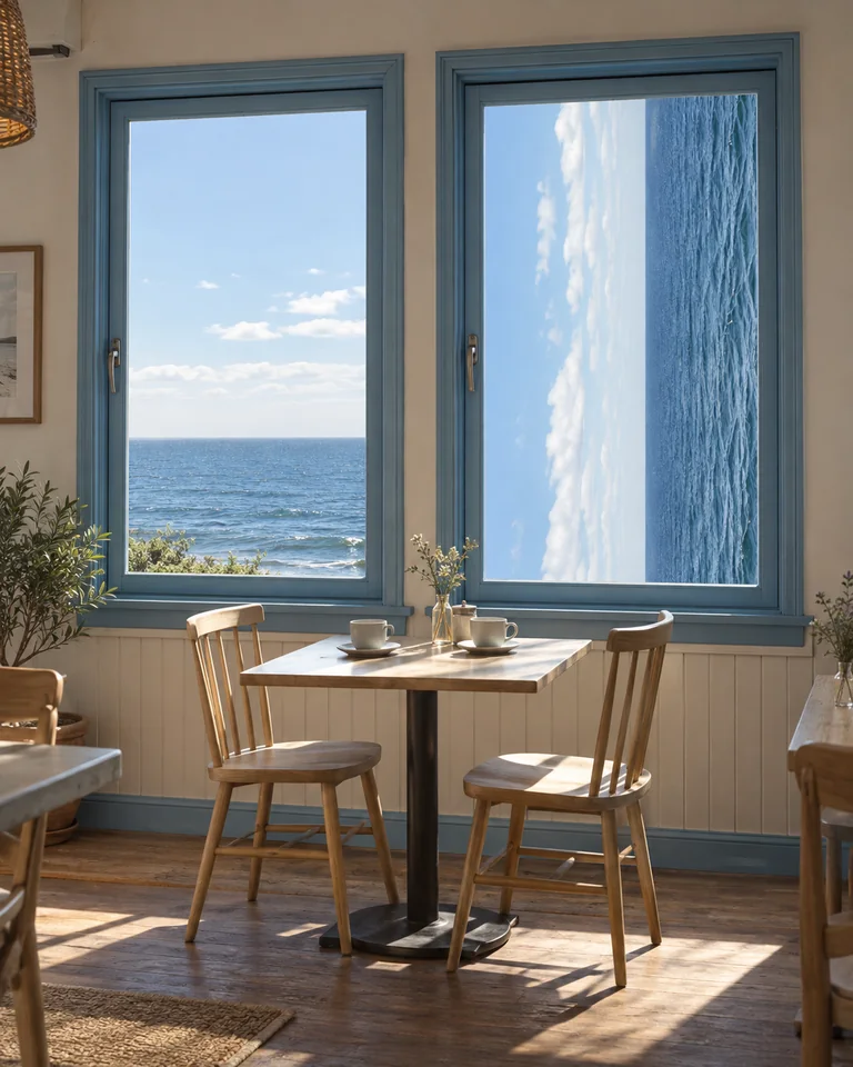 The Horizon Turns a Corner A small seaside café with two windows. One window rotates the exterior view ninety degrees. Original AI-generated architectural fiction.