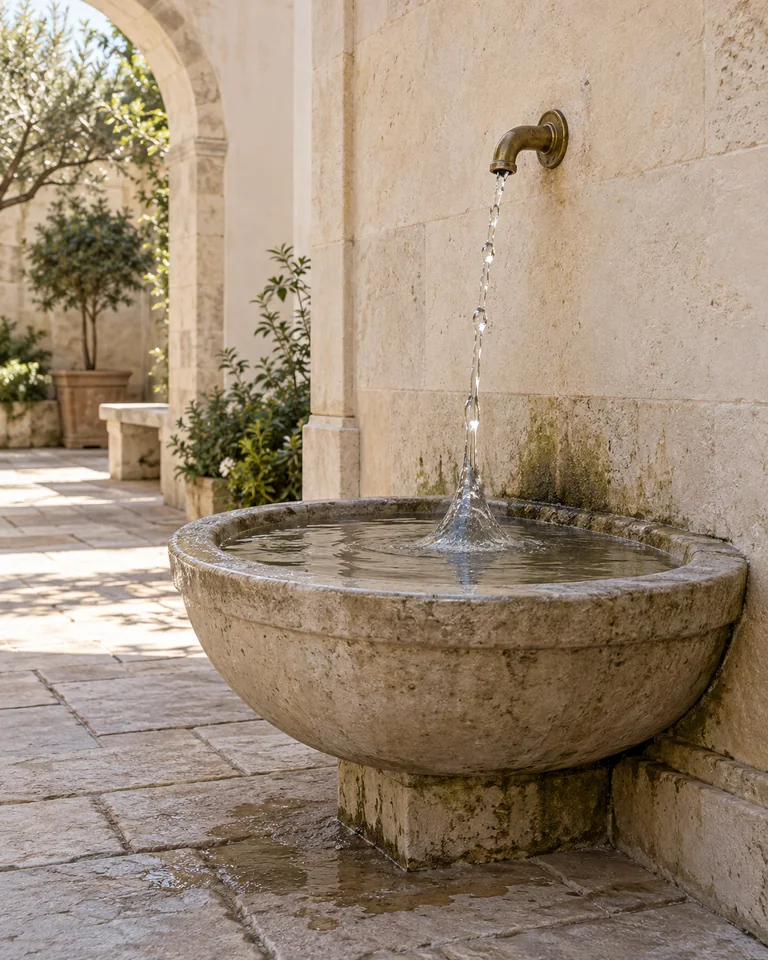 A simple stone wall fountain draining into a basin. Water rises from the basin into the spout. Original AI-generated architectural fiction.