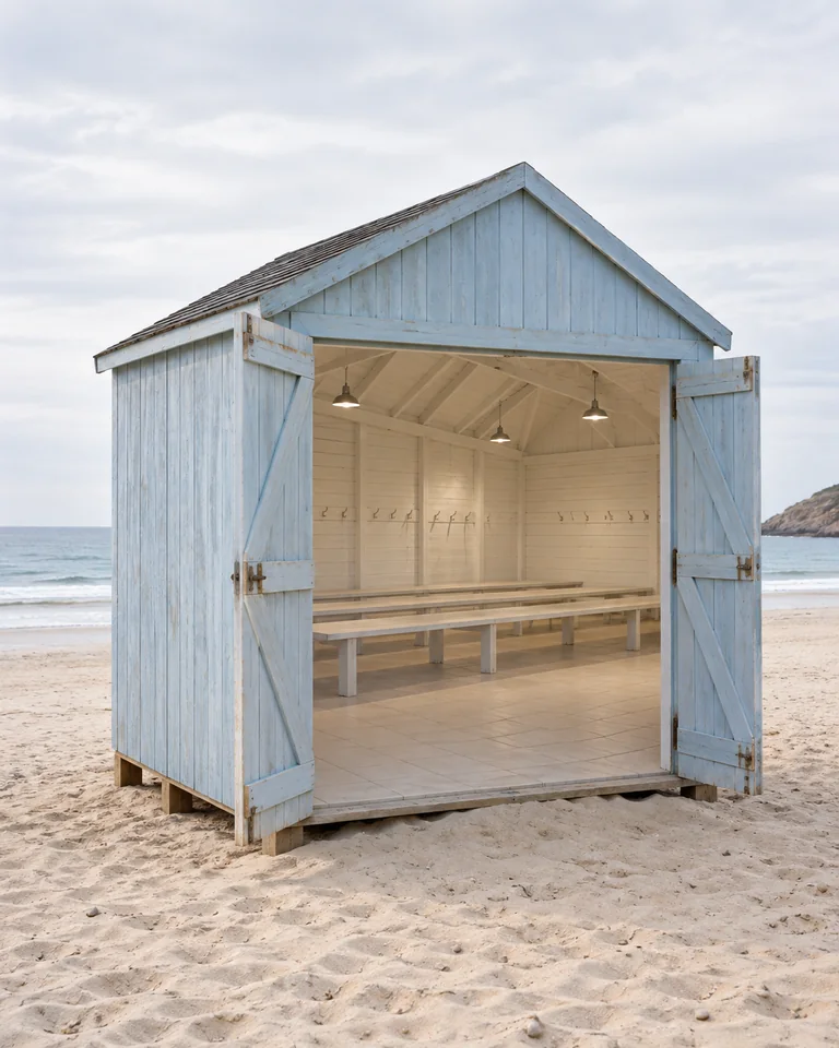 A narrow freestanding beach changing hut. The hut contains a room wider than its exterior. Original AI-generated architectural fiction.