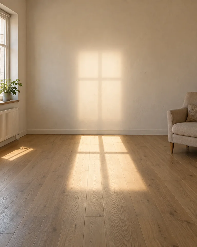 A solid wall in a bright empty apartment. One intact opaque plaster patch casts the light pattern of a window. Original AI-generated architectural fiction.