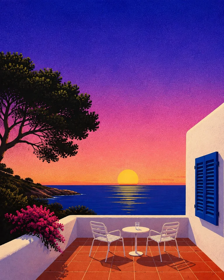 Retro summer illustration of two white chairs on an Ibiza terrace with terracotta tiles, blue shutters, pine and bougainvillea facing a golden sunset over the sea.