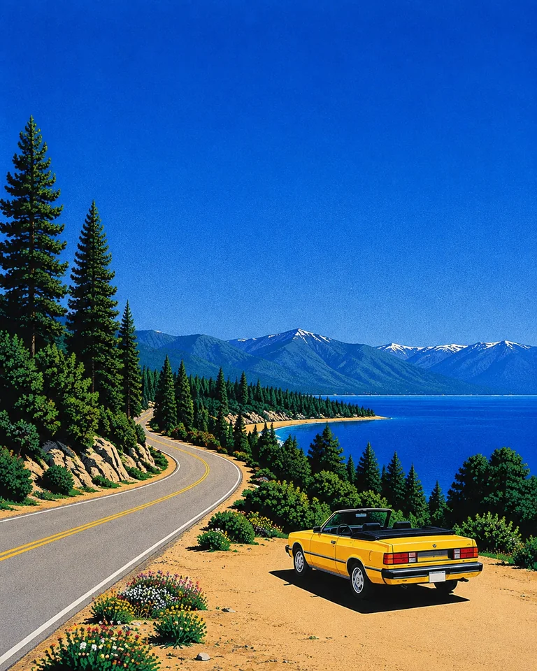 Long Way Home — Sierra Nevada, 1992 Retro summer illustration of a yellow convertible at a sandy Sierra Nevada turnout, beside a winding road, dark conifers and a blue mountain lake.