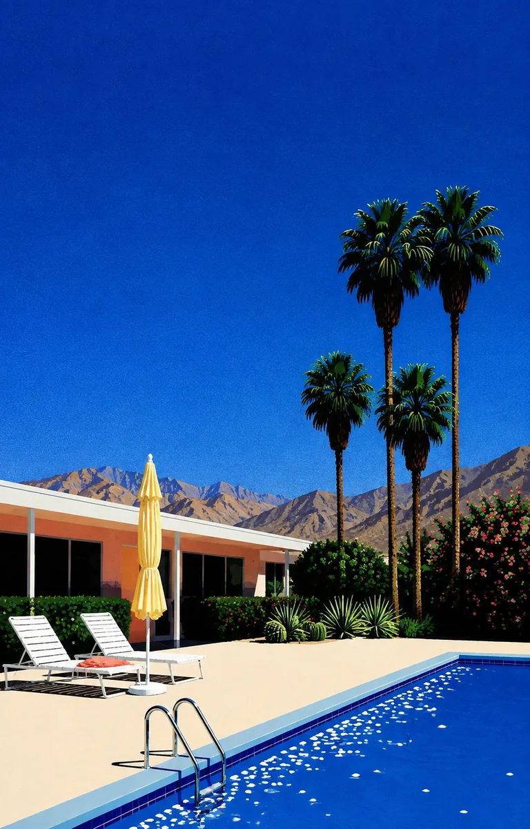 Retro summer illustration of an empty Palm Springs motel pool, white loungers, a closed yellow umbrella and tall palms beneath cobalt sky and dry desert mountains.