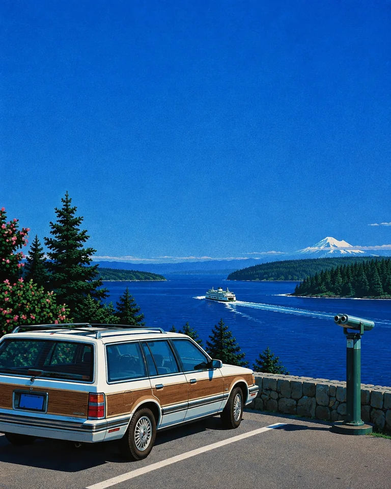 After the Ferry — Puget Sound, 1992 Retro summer illustration of a parked wood-paneled station wagon overlooking Puget Sound, forested islands and a white ferry wake.