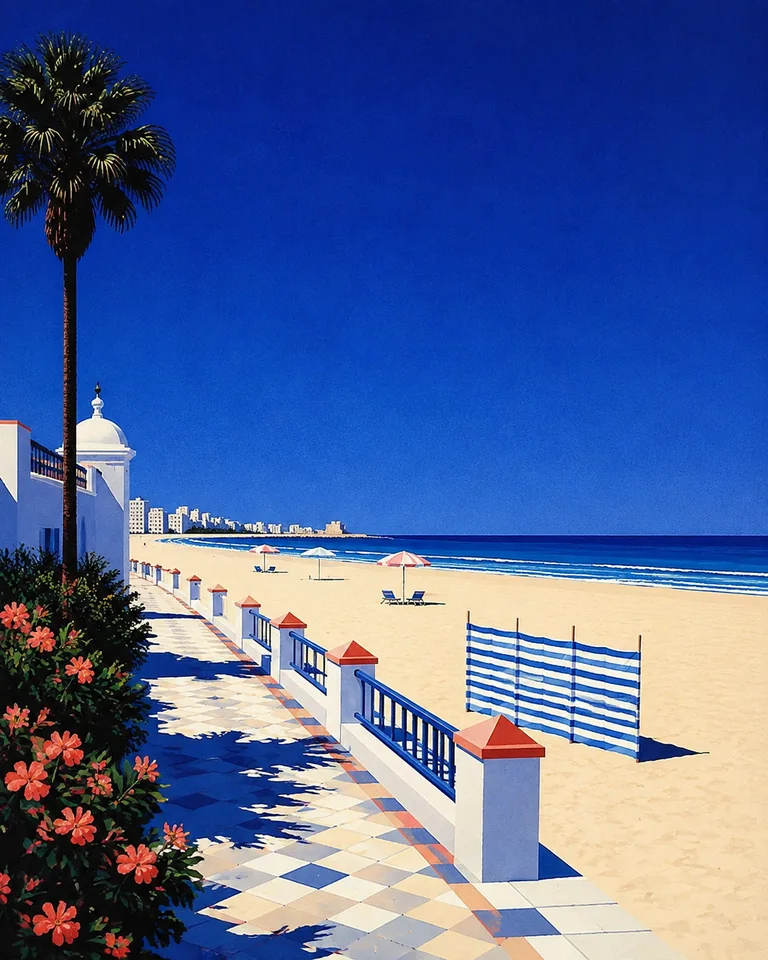 Retro summer illustration of a vast pale Cadiz beach, tiled promenade, striped windbreak and a cobalt Atlantic horizon.