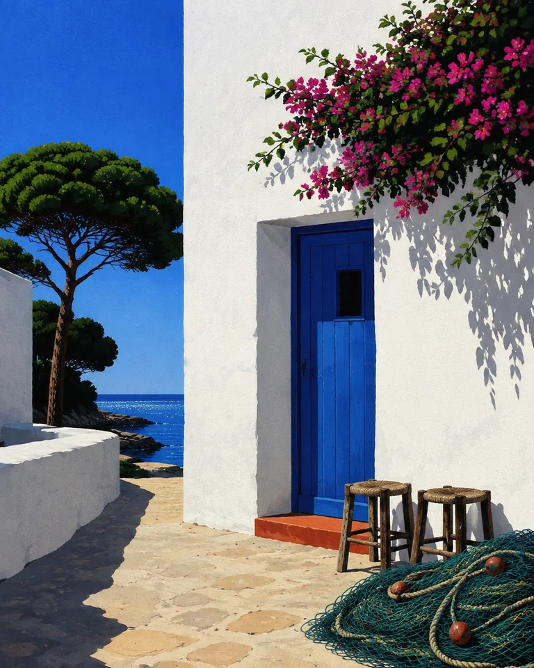 Retro summer illustration of a whitewashed Calella de Palafrugell fishing-house facade with a deep-blue door, terracotta threshold, coiled net and empty wooden stools.