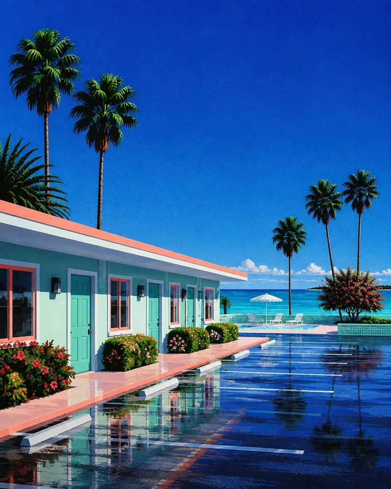 Retro summer illustration of mint motel doors and wet pavement in the Florida Keys, with palms and luminous turquoise water beyond.