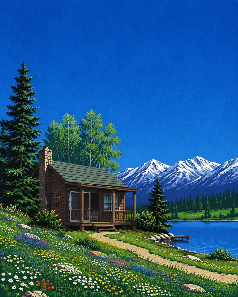 Cabin Radio — Colorado, 1987 Retro summer illustration of a timber cabin beside a Colorado alpine lake, an open screen door, wildflowers and snowy mountains.
