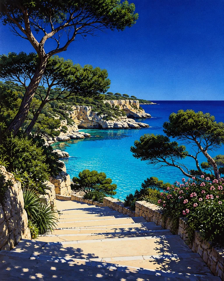 Retro summer illustration of limestone steps between Mediterranean pines leading down to an intensely turquoise Mallorca cove.
