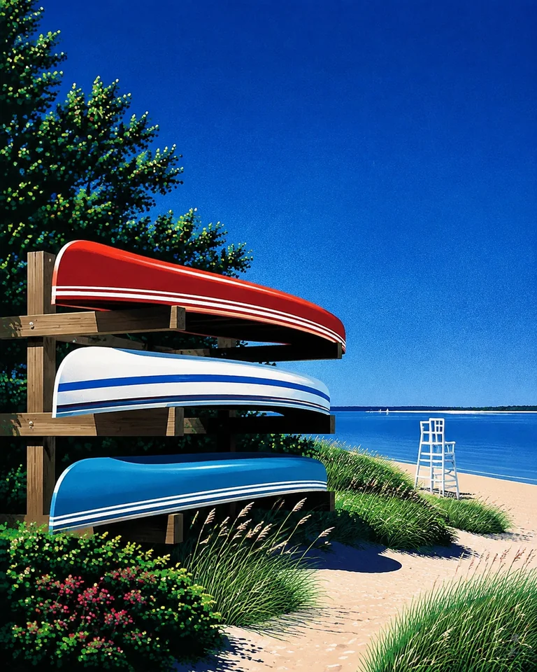 Retro summer illustration of three striped canoes on a wooden rack beside Lake Michigan dunes, beach grass and a white lifeguard chair.