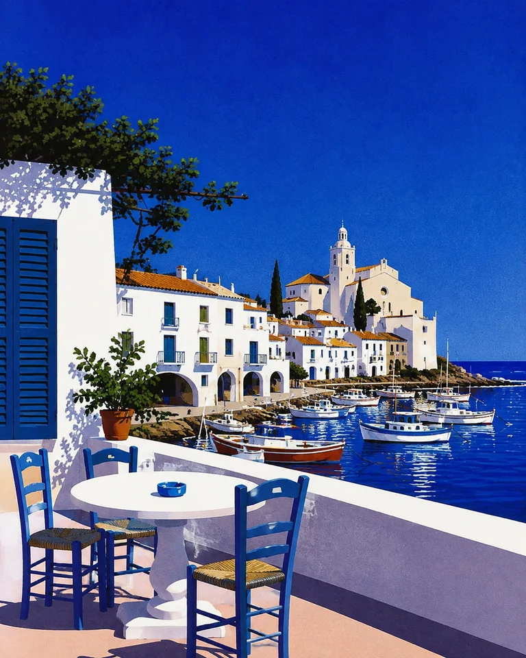 Retro summer illustration of empty cafe chairs, whitewashed Cadaques facades, blue shutters and small fishing boats in a clear harbor.