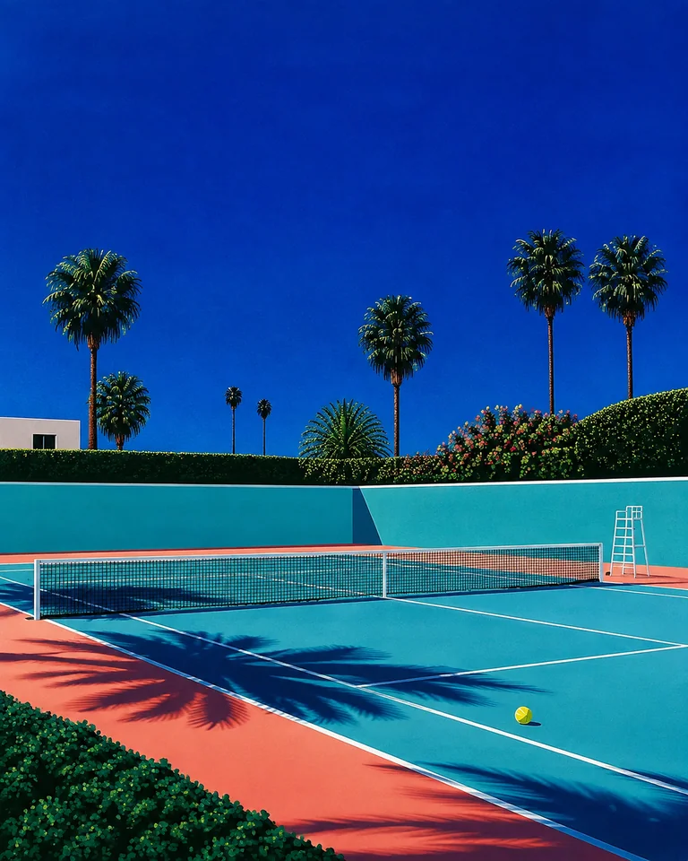 Retro summer illustration of an empty turquoise Palm Springs tennis court with coral edging, a yellow ball and long palm shadows.