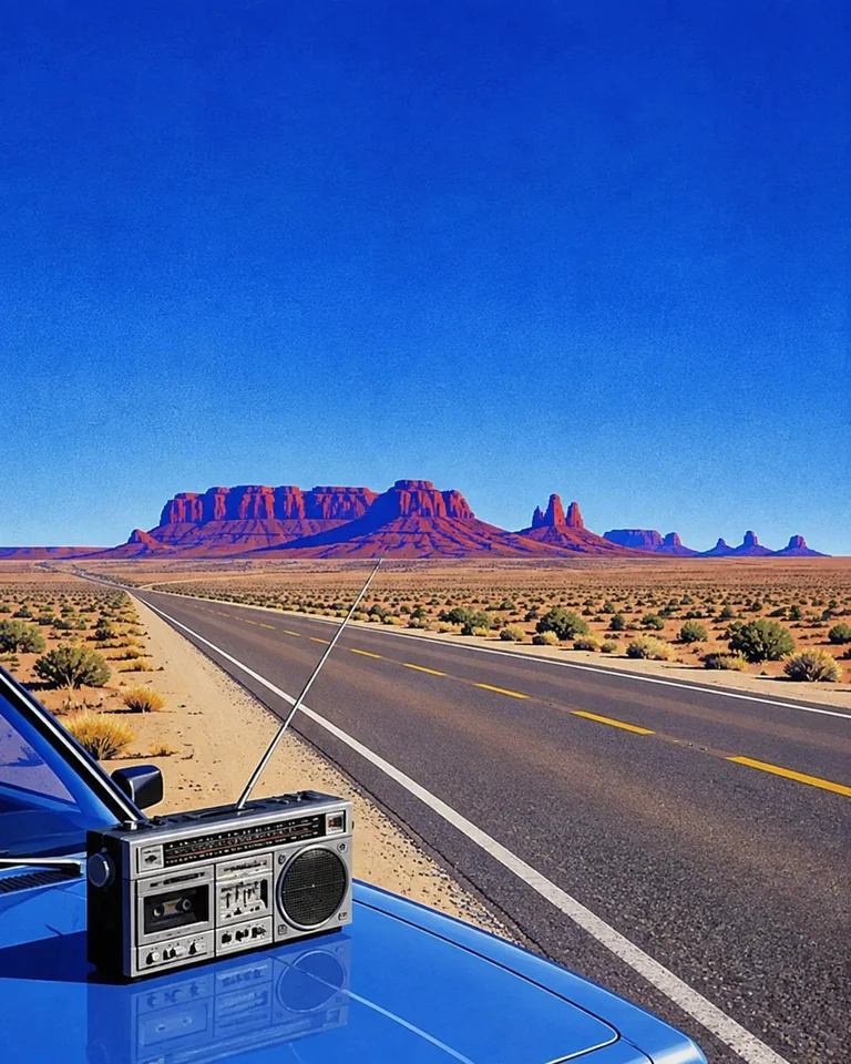 Desert FM — Arizona, 1991 Retro summer illustration of an empty Arizona highway stretching toward rust-colored mesas, with a portable radio on a sun-warmed car hood.