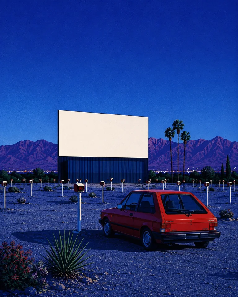 Retro summer illustration of an empty El Paso desert drive-in at blue hour, with a blank screen, vintage speaker posts, a small red hatchback and violet mountains.