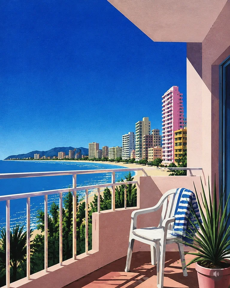 Retro summer illustration of a modest Benidorm hotel balcony with a folded striped towel, pale railings and distant pastel high-rises by the Mediterranean.