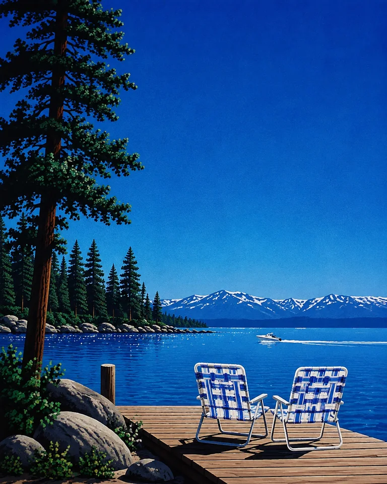 Retro summer illustration of two striped folding chairs on a wooden jetty at Lake Tahoe, with a tiny distant speedboat, pines and alpine mountains.
