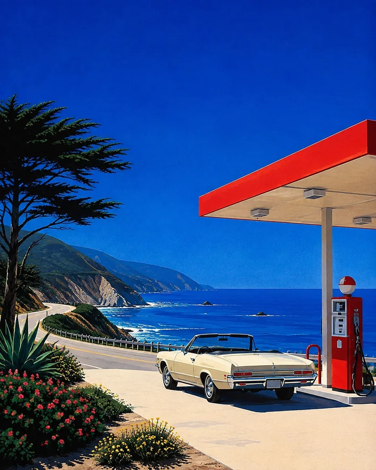 Retro summer illustration of a cream convertible at a small red gas station beside California’s Big Sur coast, with dark cliffs and a deep-blue Pacific horizon.