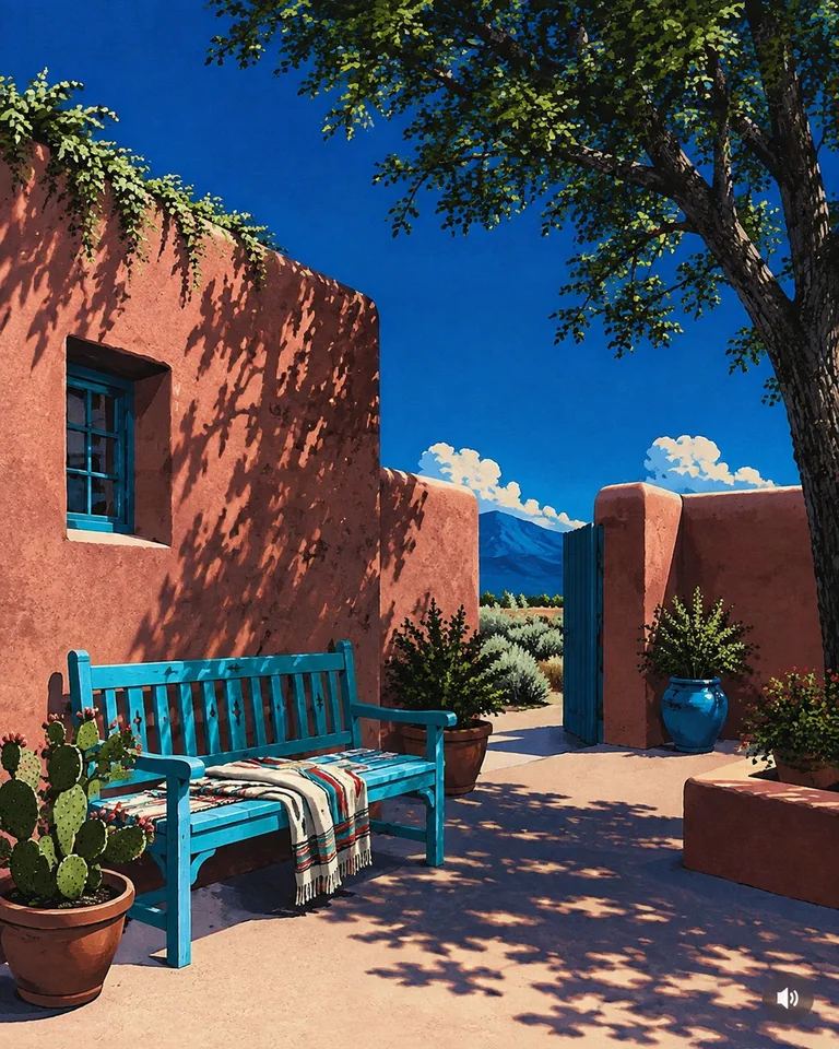 Last Shade — Santa Fe, 1992 Retro summer illustration of a quiet Santa Fe adobe courtyard with a turquoise bench, striped blanket, prickly pear and cottonwood shadow.