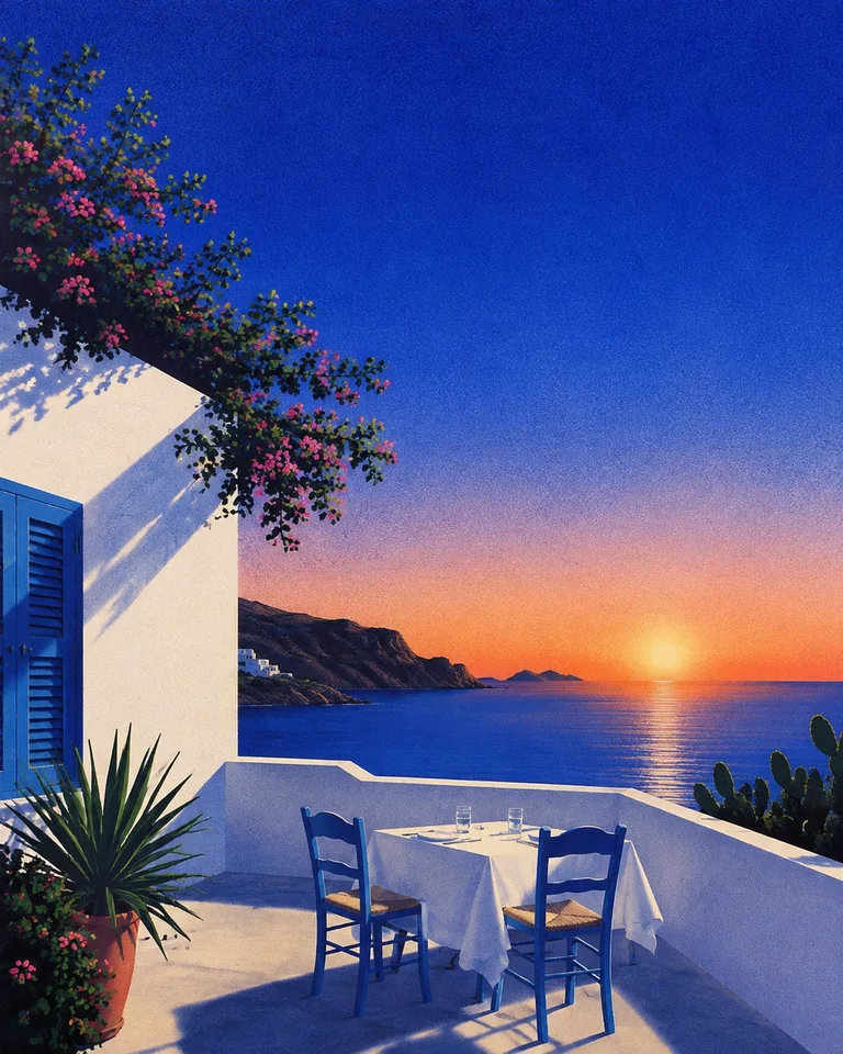 Retro summer illustration of a whitewashed Ibiza terrace set for two with blue shutters and final orange light across the Mediterranean.