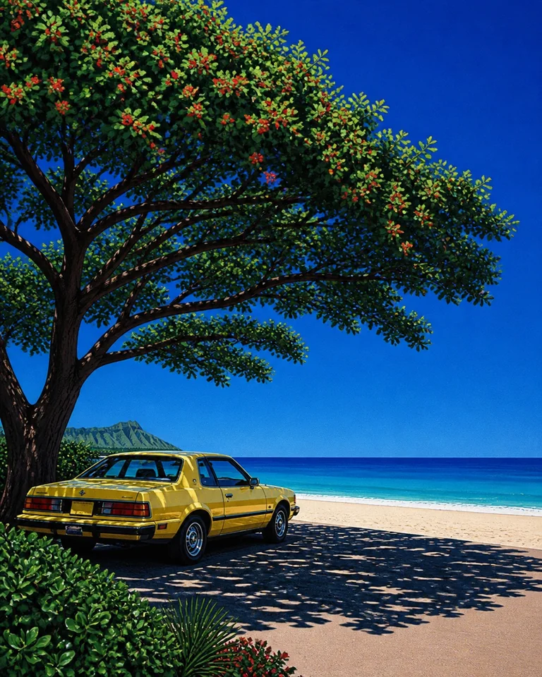 The Longest Afternoon — Oahu, 1985 Retro summer illustration of an anonymous yellow rental car beneath a broad monkeypod tree, facing an empty Oahu beach and flat blue Pacific.