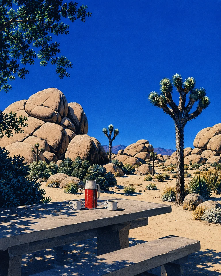 Retro summer illustration of a shaded picnic table at Joshua Tree National Monument in 1993, with a red thermos, two enamel cups, Joshua trees and granite boulders.