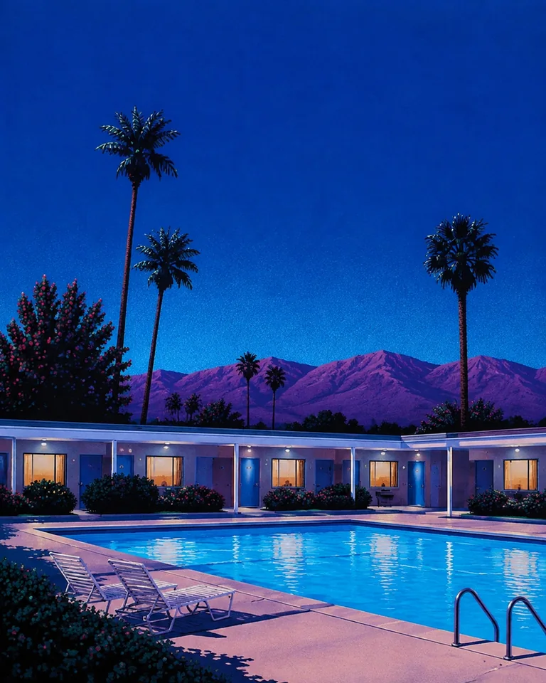 Retro summer illustration of a small Nevada roadside motel at blue hour, with a cyan-lit pool and violet desert mountains; no readable signs.
