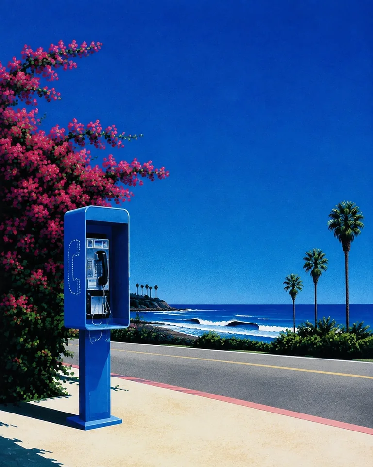 Retro summer illustration of a solitary blue payphone beside a Malibu coastal road, bougainvillea and white surf below.