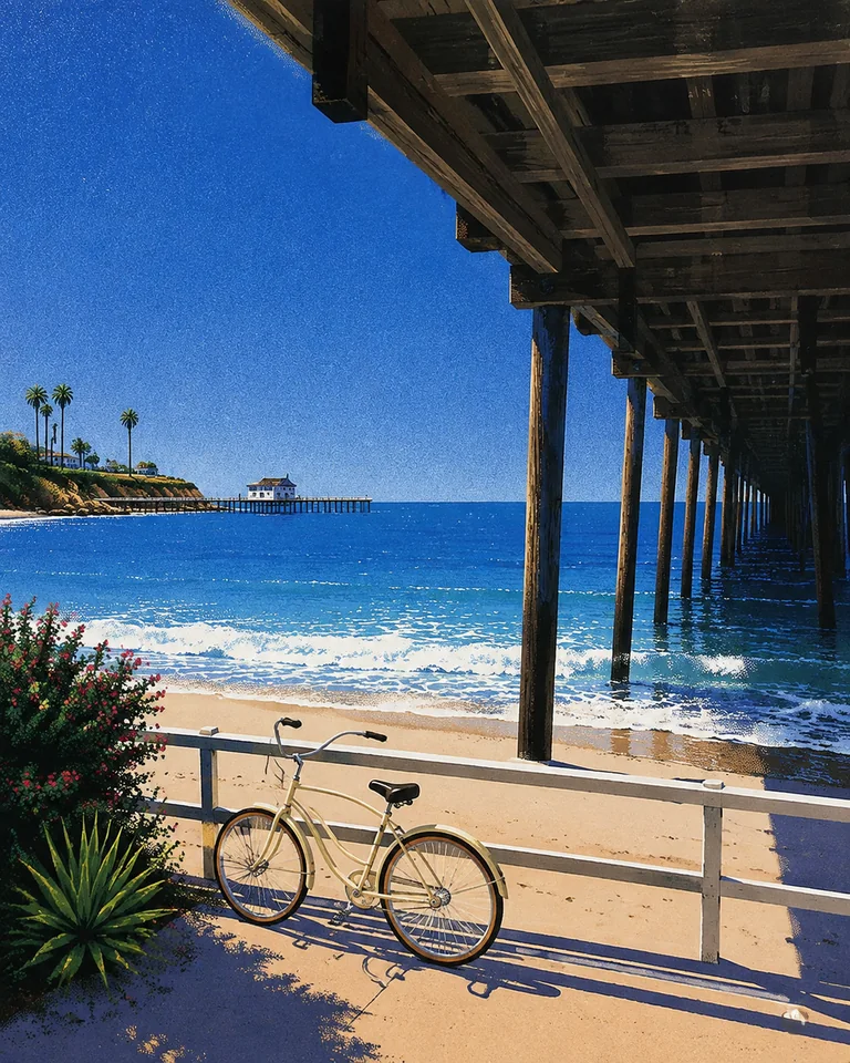 Retro summer illustration looking beneath a weathered Malibu pier, with pale surf, an anonymous cream bicycle and wide marine-blue sky.
