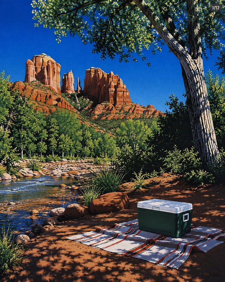 Retro summer illustration of a quiet Sedona creek-side picnic beneath cottonwoods, with a folded blanket, cooler and red sandstone buttes.