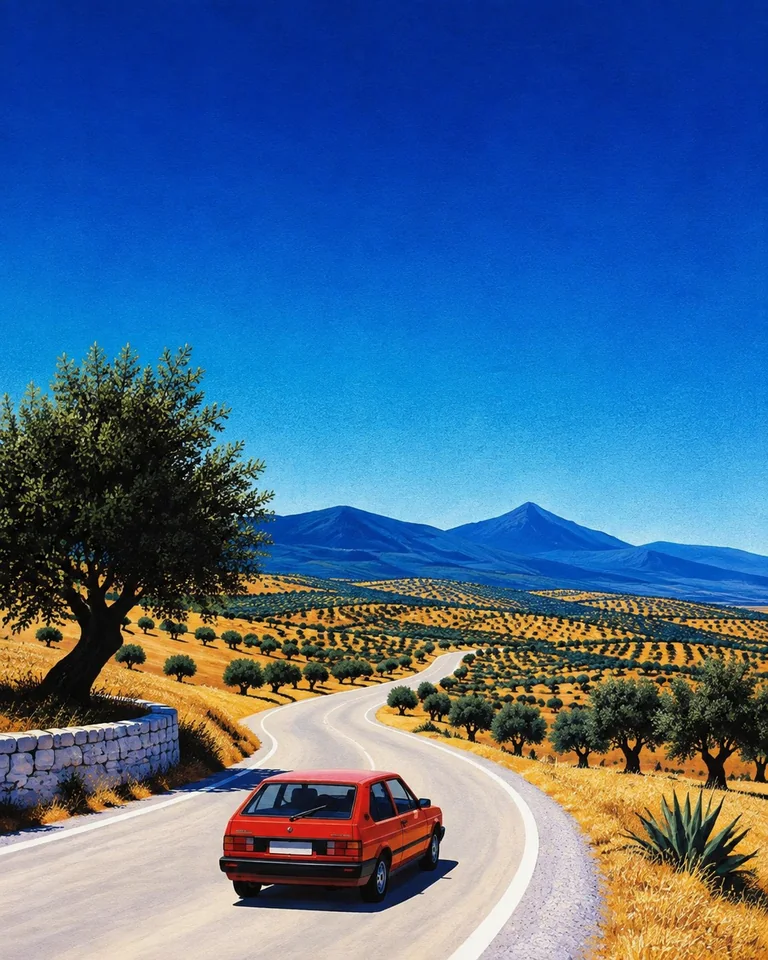 Retro summer illustration of a small red hatchback on an Andalusian road through dry yellow fields toward blue mountains.