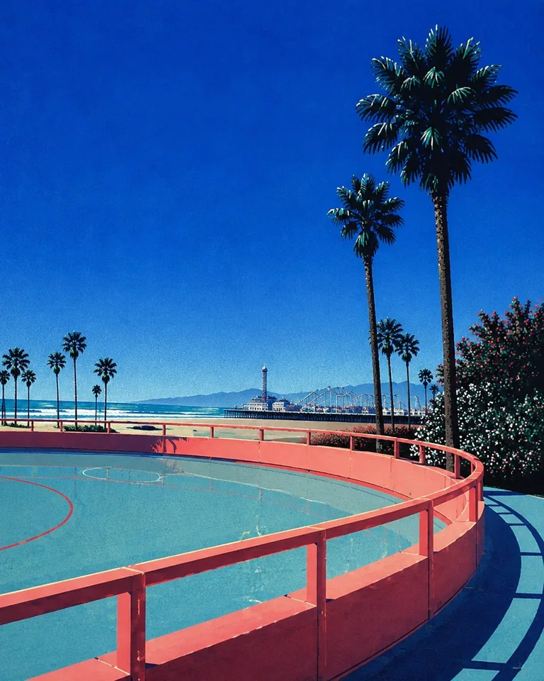 Retro summer illustration of an empty open-air Santa Cruz roller rink with coral railings, palms and a hazy amusement pier.
