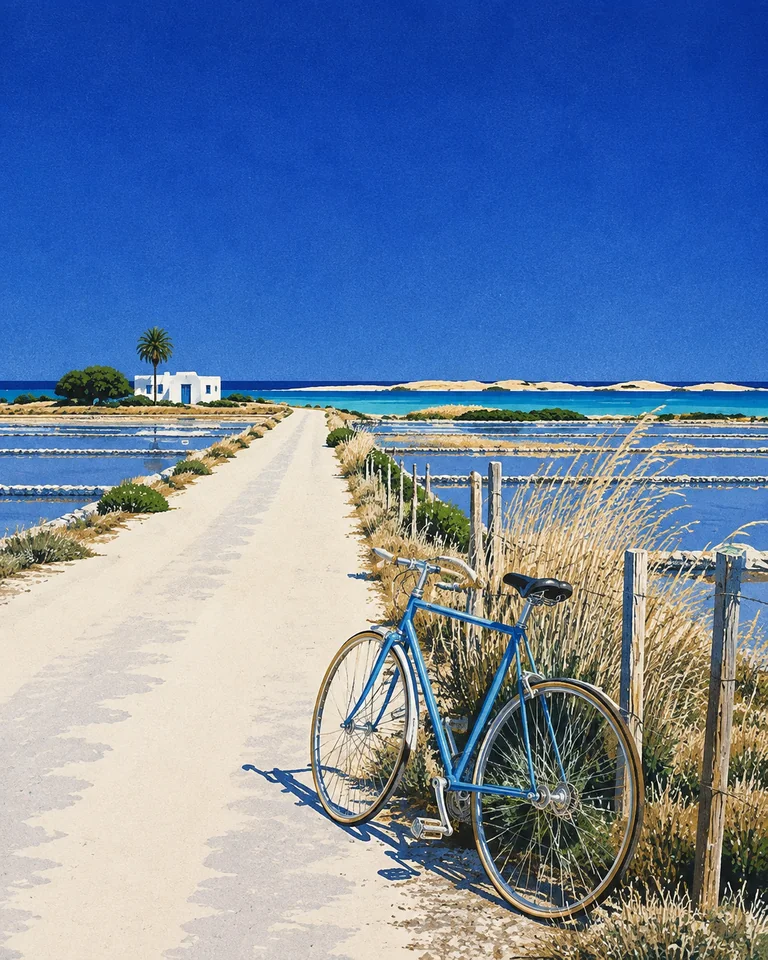 Retro summer illustration of a vintage blue bicycle beside a white lane through Formentera salt flats toward bright turquoise Mediterranean water.