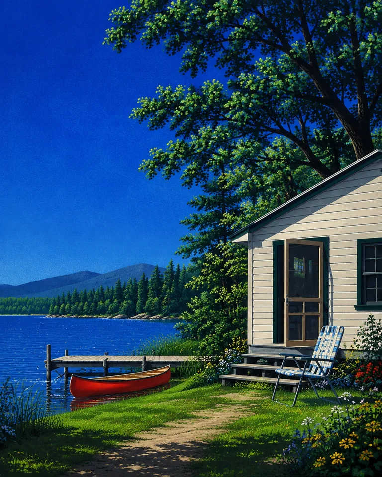 Retro summer illustration of a modest Vermont lakeside cabin with an open screen door, lawn chair, dock, red canoe and green northern hills.