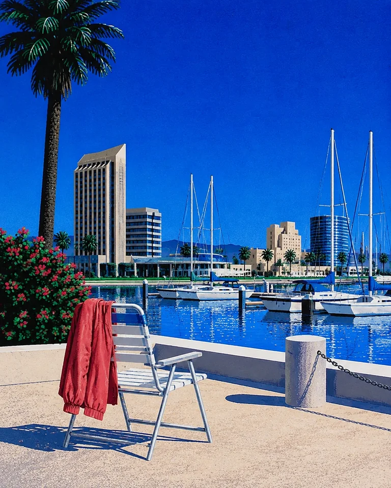 Retro summer illustration of white sailboats in a calm San Diego marina, angular waterfront buildings and a coral windbreaker over an empty chair.