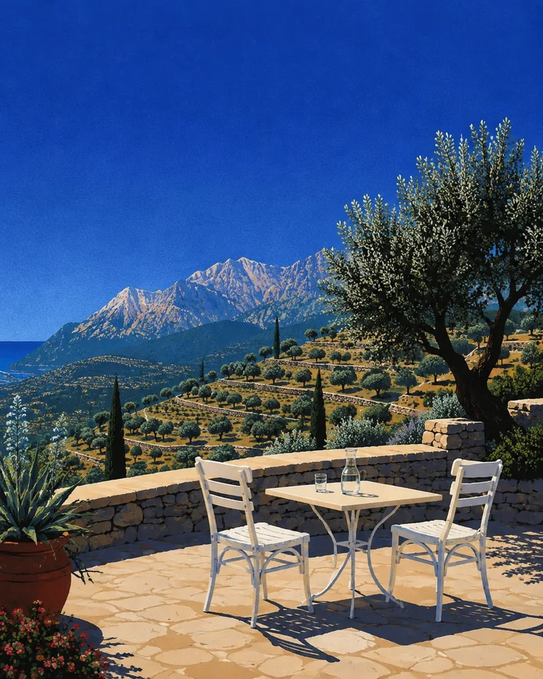 Retro summer illustration of a small stone Mallorca terrace with two empty white chairs, a carafe, olive groves and the blue Serra de Tramuntana.