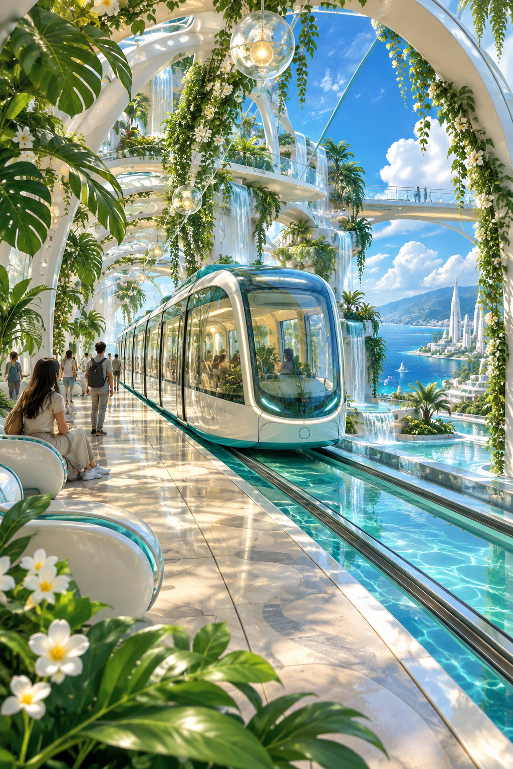 A glass tram passes through a lush white botanical transit hub with waterfalls, vines, aqua rails and a bright coastal view.
