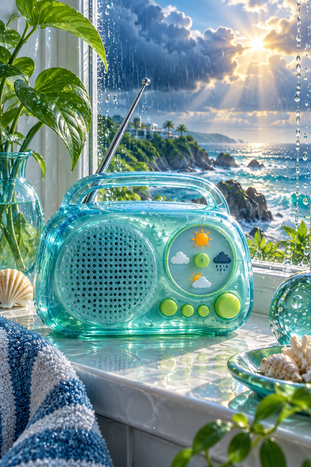 A translucent aqua weather radio with tactile green buttons sits on a wet windowsill overlooking a sunlit ocean storm.
