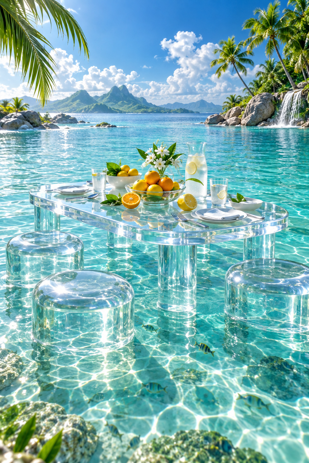 A clear acrylic picnic table with citrus and white plates floats in a turquoise lagoon beneath palms and mountains.