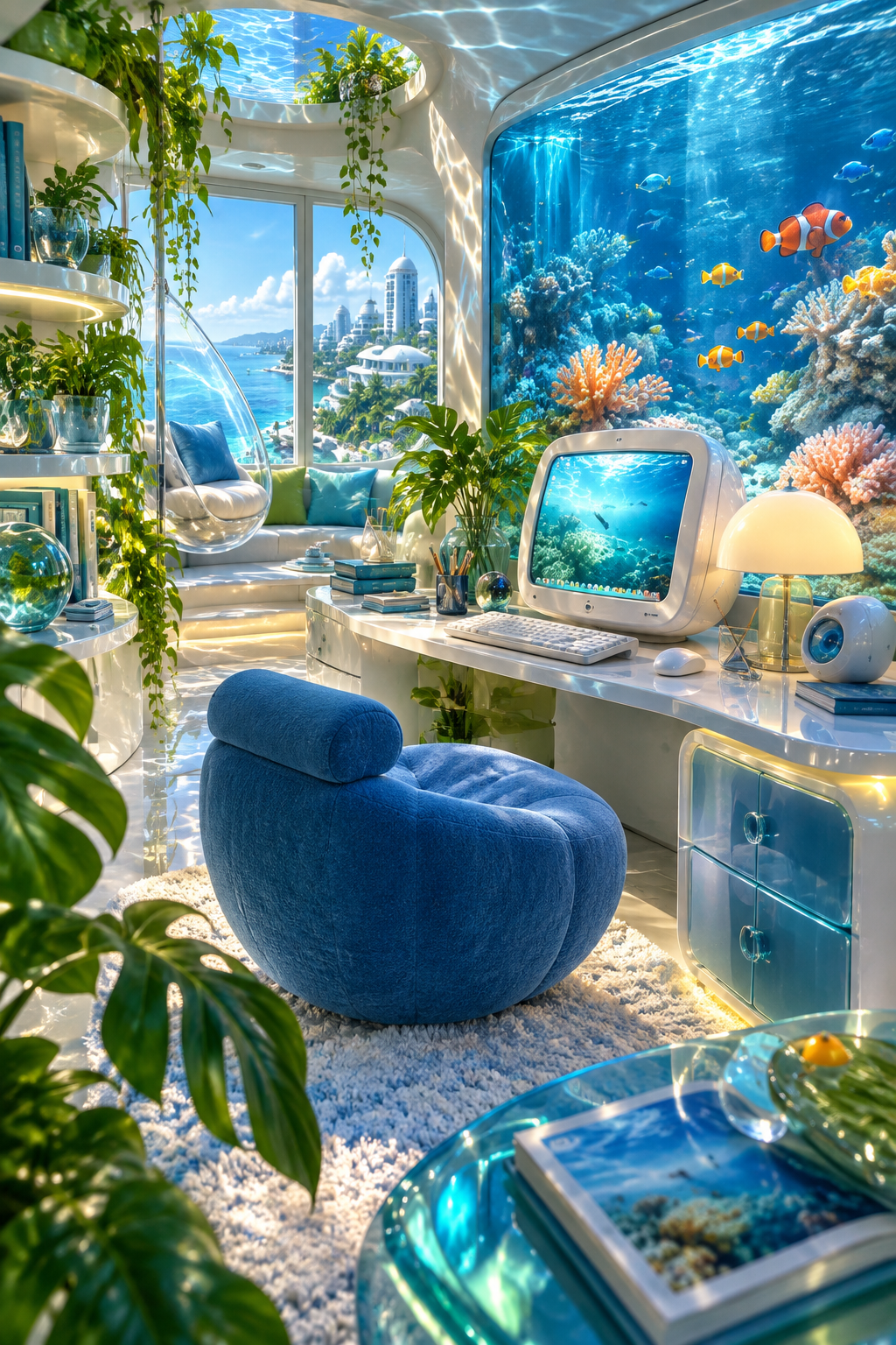 A pearl-white study nook with a rounded computer sits beside a large coral aquarium, plants, a blue chair and a bright coastal city.